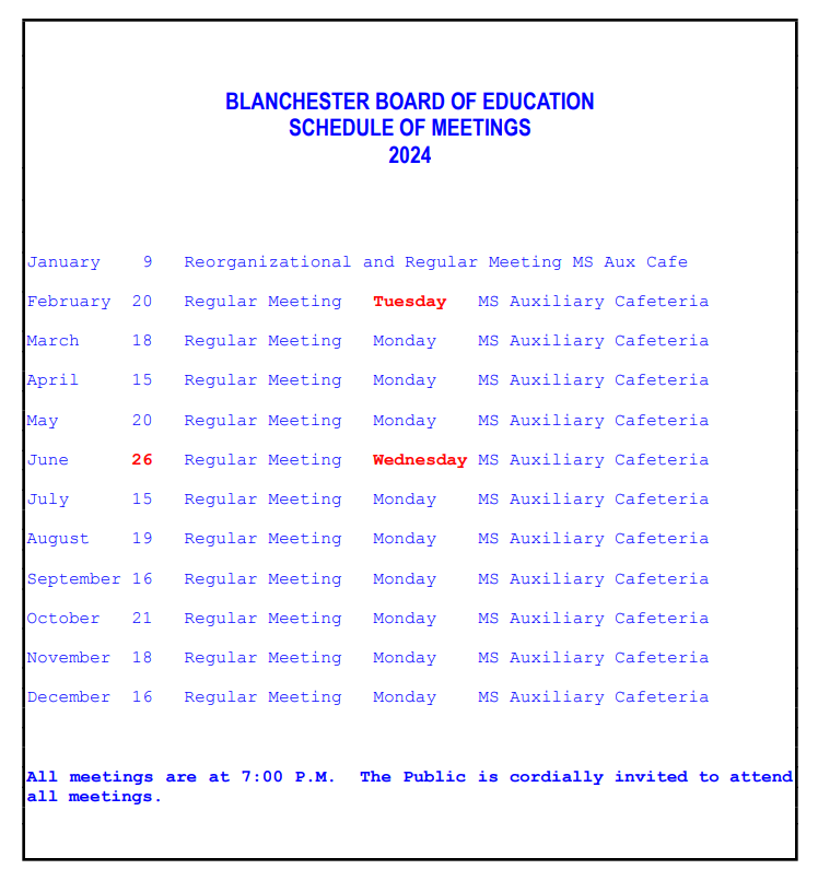 Blanchester board meetings schedule